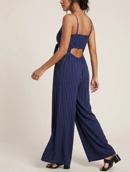 Flying Tomato Pants - Flying Tomato Navy Pinstripe Tie Front Wide Leg Jumpsuit Adjustable Women Medium